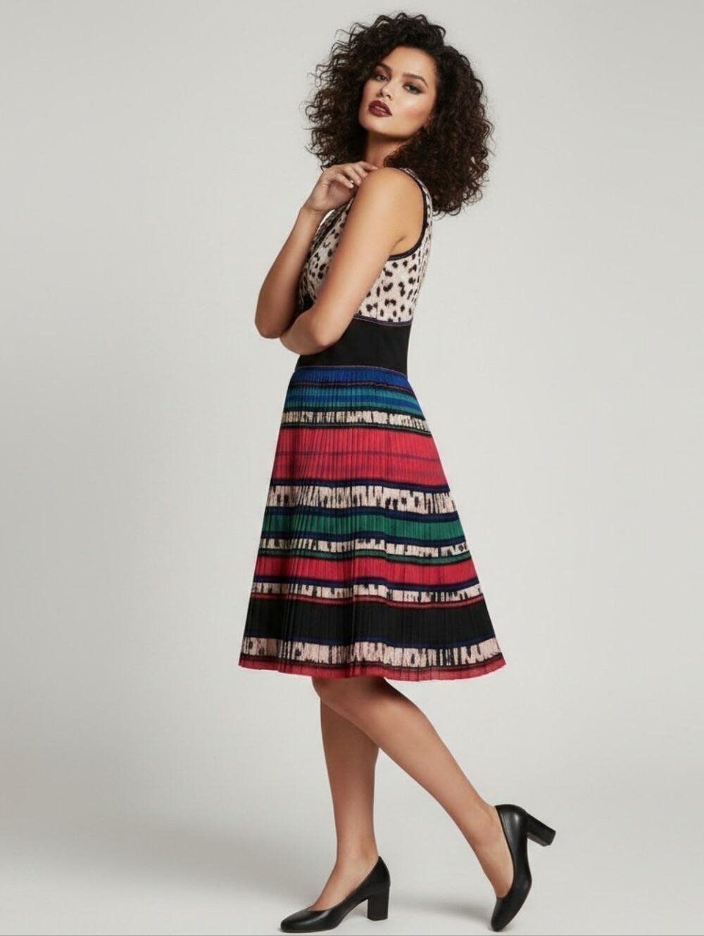 Roberto Cavalli Vintage Sleeveless Multicolor Knit Dress, Leopard Bodice NWOT, M